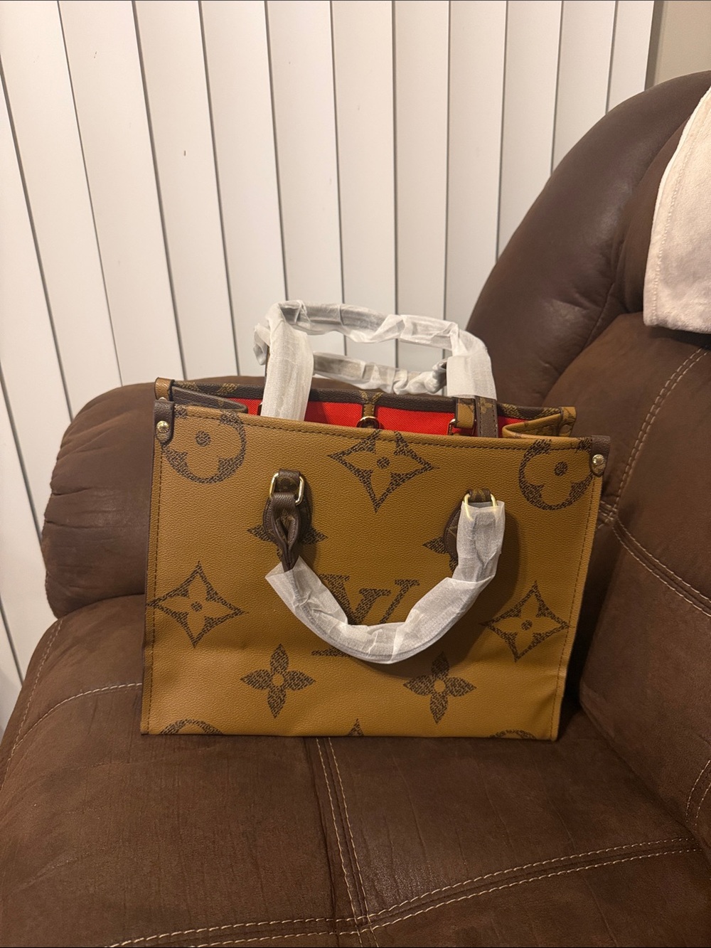 Source Unknown Monogram Canvas Tote in Mustard with Red Lining